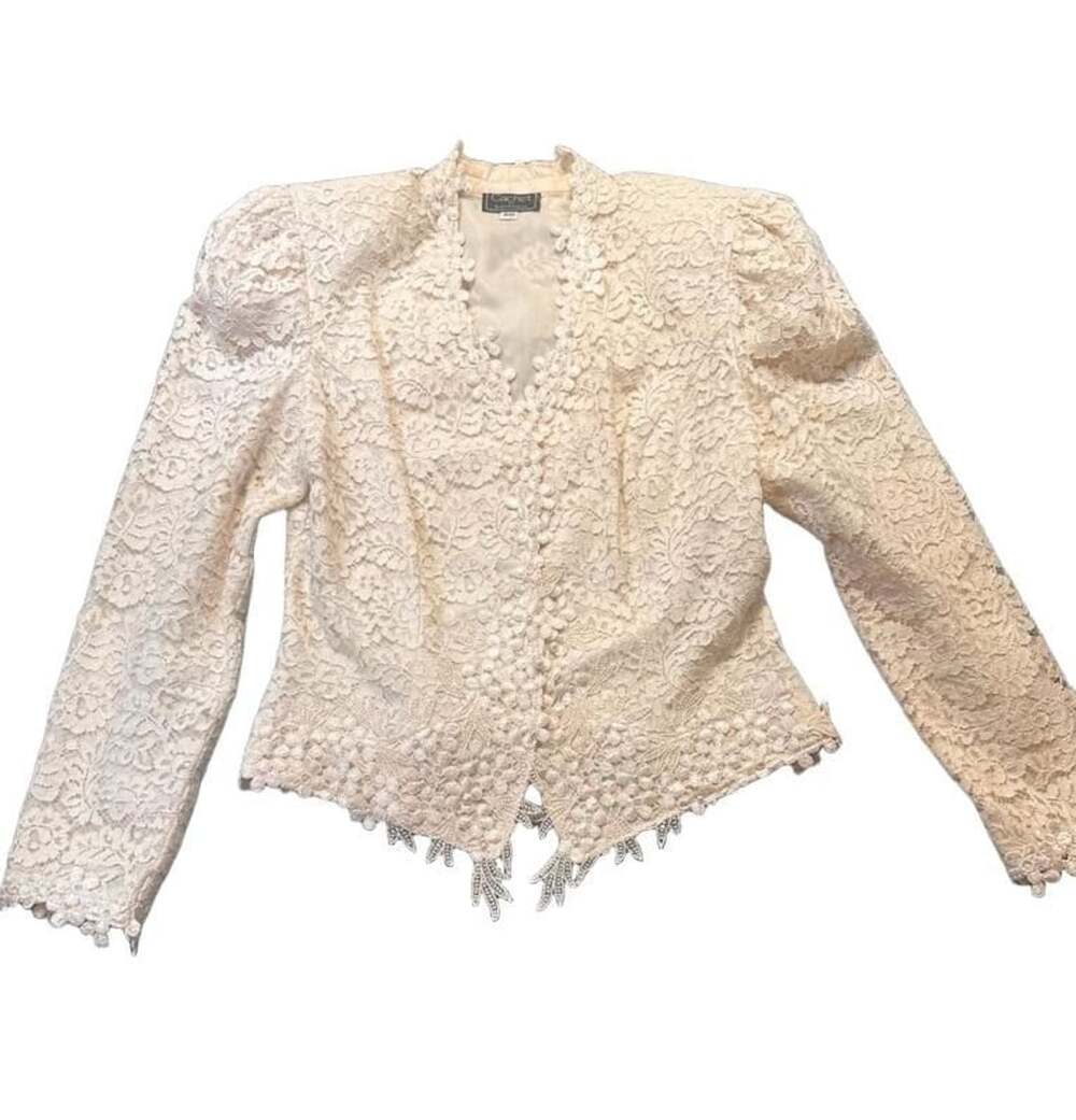 Vintage 80s Cachet Ivory Fitted Lace Jacket Pearls Size 9/10 Bridal Cottagecore